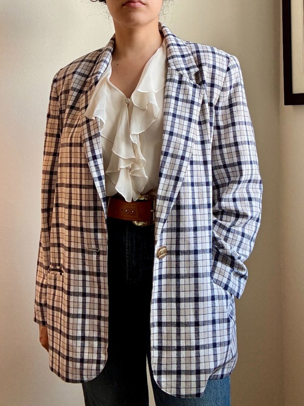 Vintage 90s Linen Blend Plaid Blazer | Oversized Boyfriend Jacket